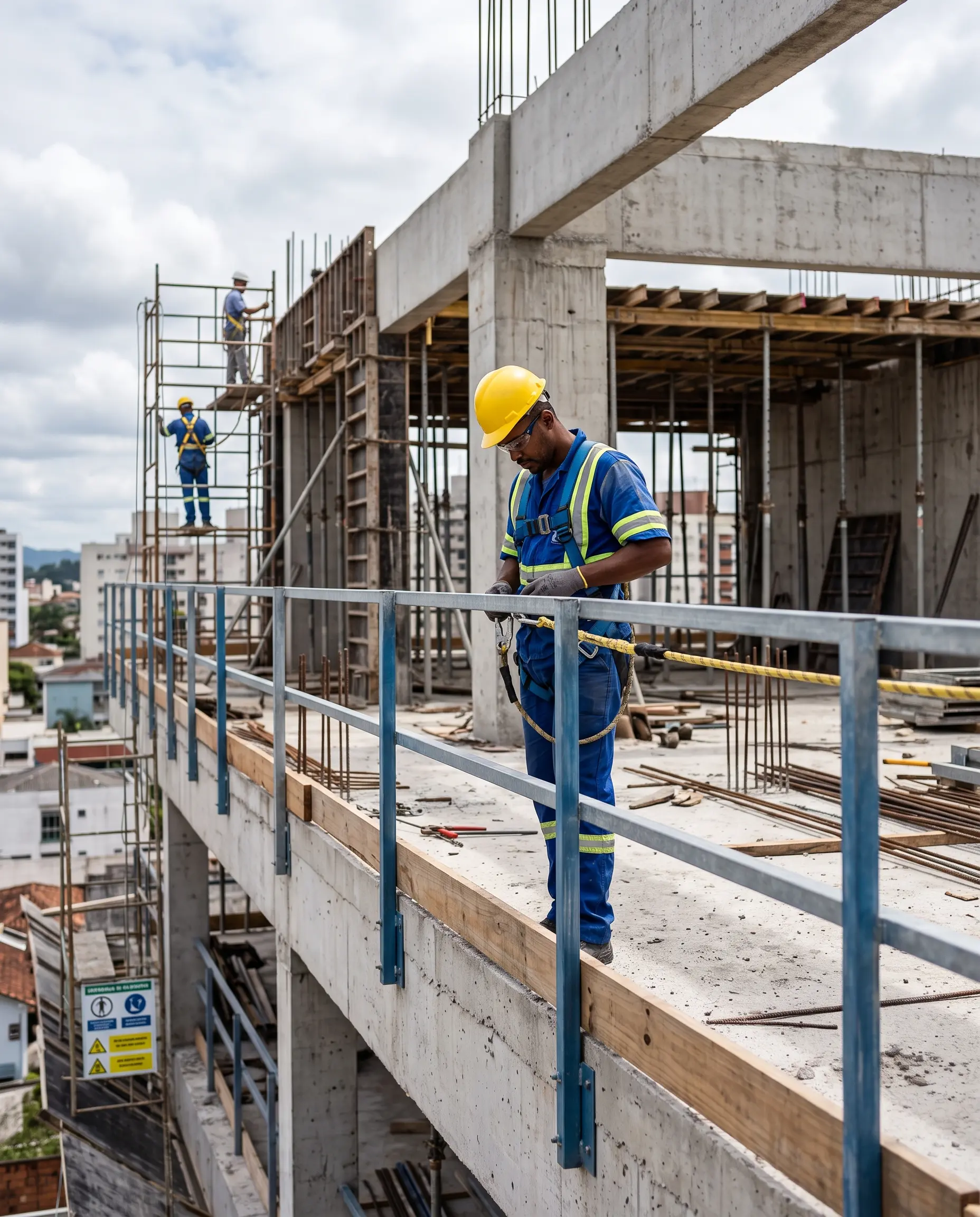 Treinamento NR-18 em canteiro de obras com proteção coletiva contra queda de altura